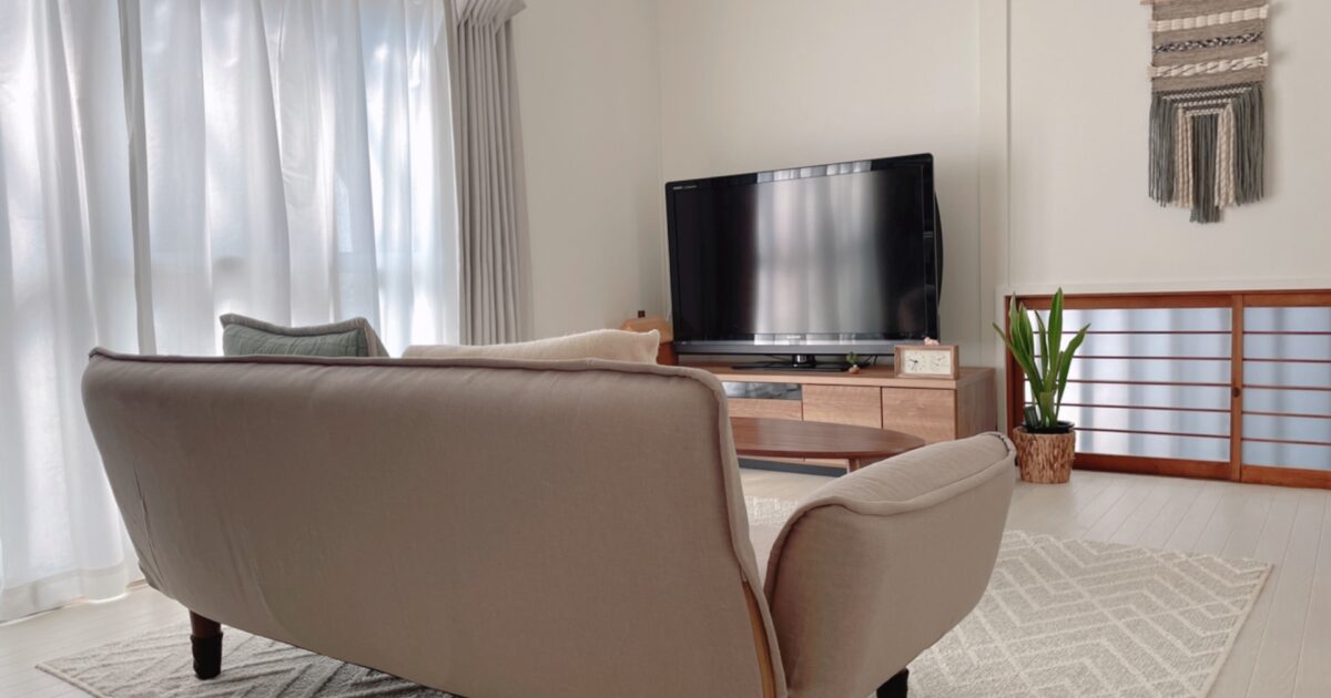 テレビとソファが置かれたシンプルなリビングルーム